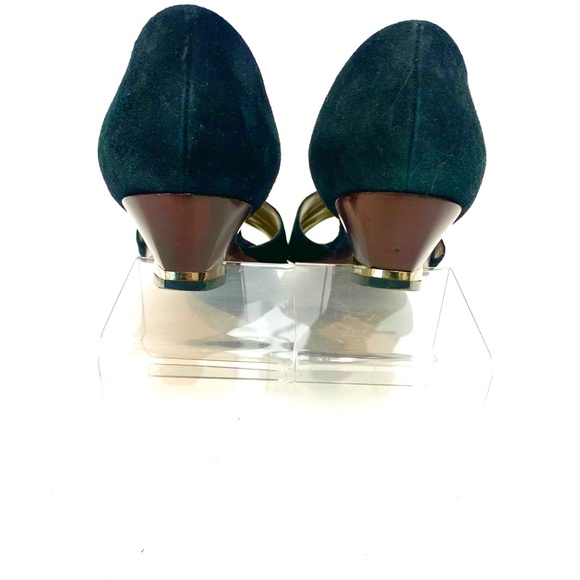 Sesto Meucci Vintage Black Suede Ballet Flats Gold Chain Gold Metal Heel D’orsay - Picture 12 of 15